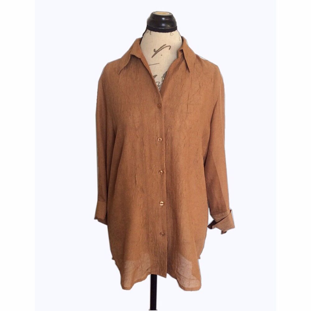 Coldwater Creek Blouse Size Medium Top Brown long Sleeve button down texture